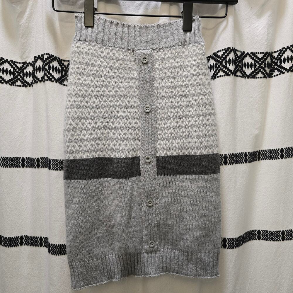 Vibrant Life cute gray white knit fuzzy button striped medium dog sweater button